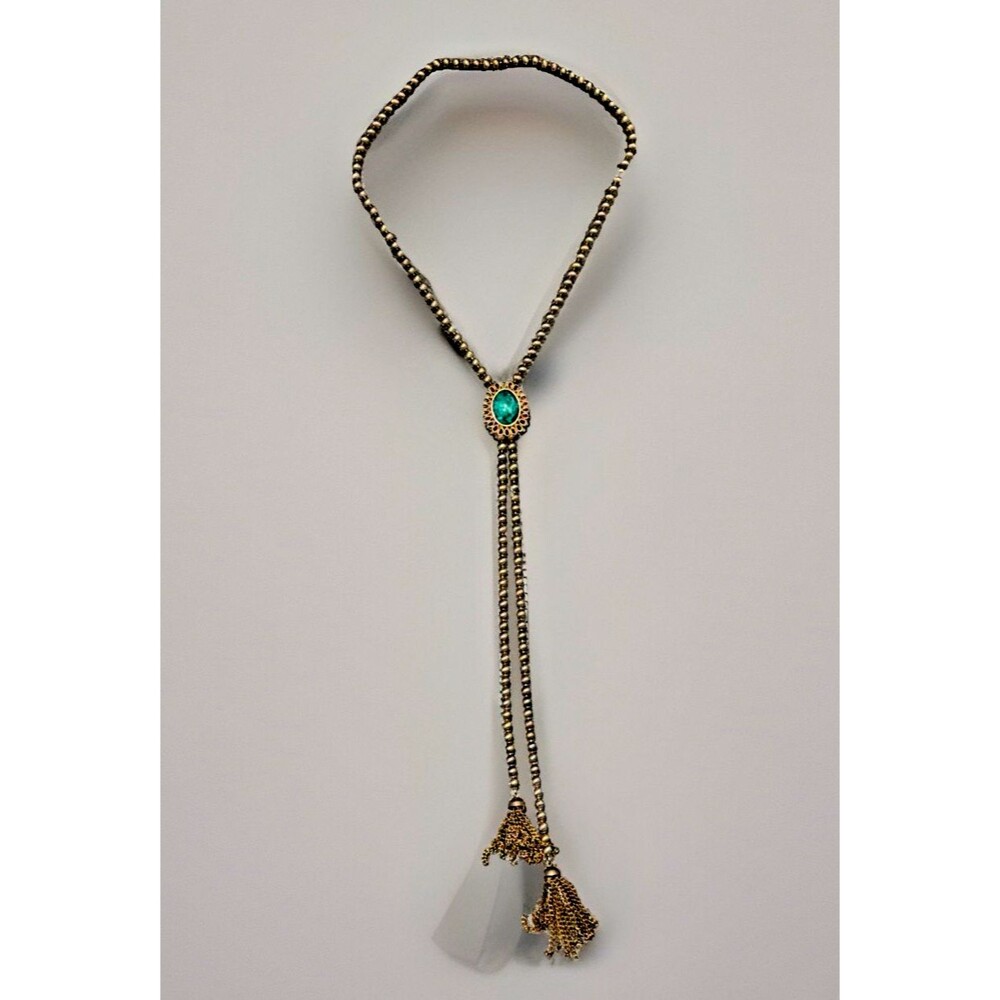 Avon Gold Tone Lariat Necklace Green Cabochon Tassel Bead Chain Vintage